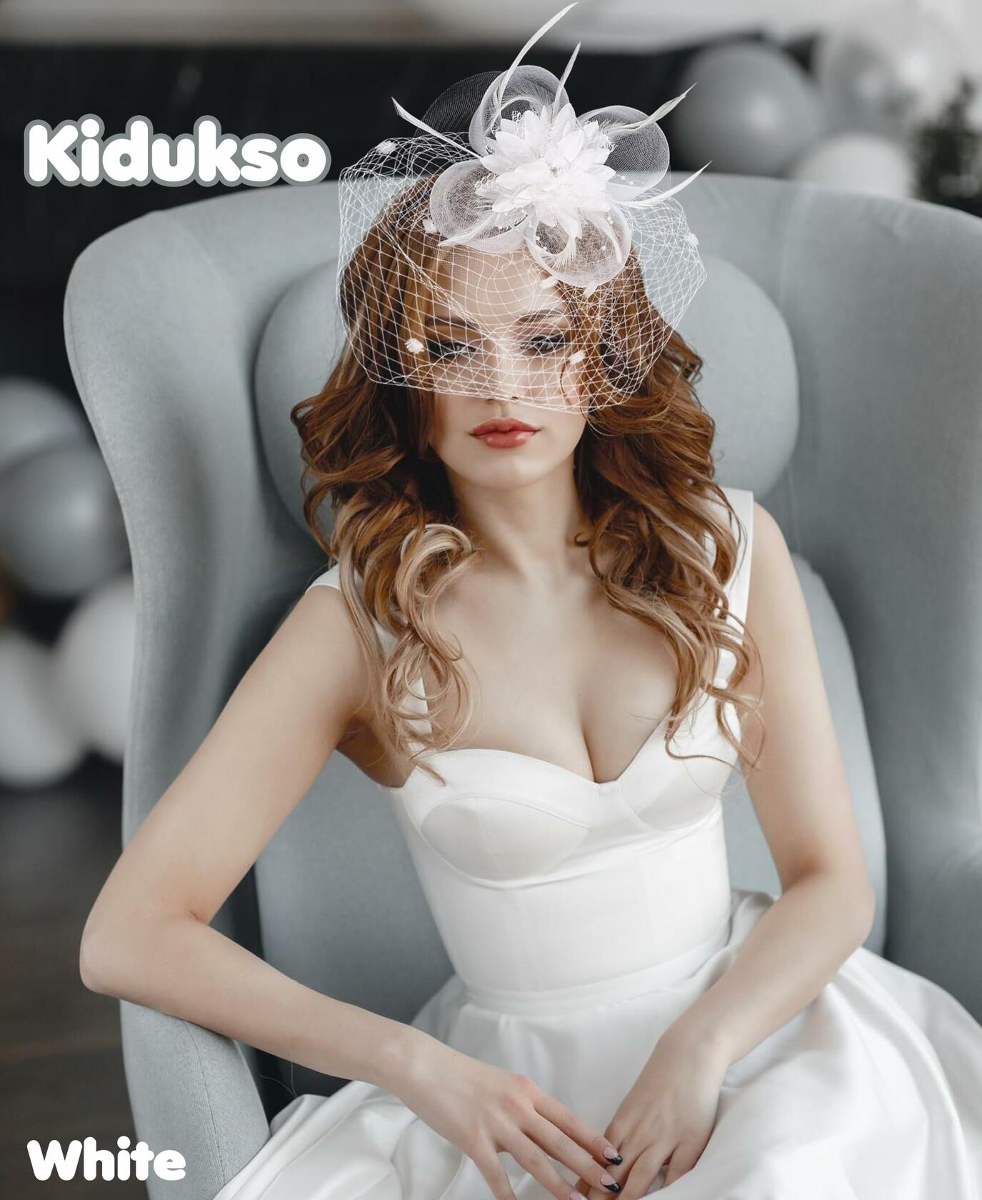 Kidukso Fascinators Hat Vintage 1925s Derby Mesh Veil Feathers White