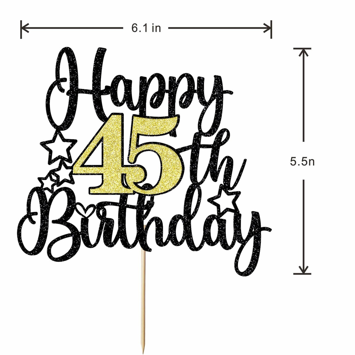 Happy 45th Birthday Cake Topper Black Gold Glitter Cheers to 45 Years