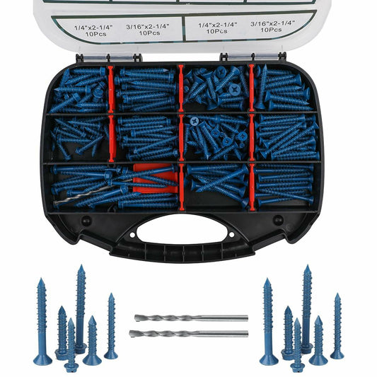290PCS Concrete Screws 12 Sizes Flat & Hex Head Masonry Anchors 1.25"-2.25"