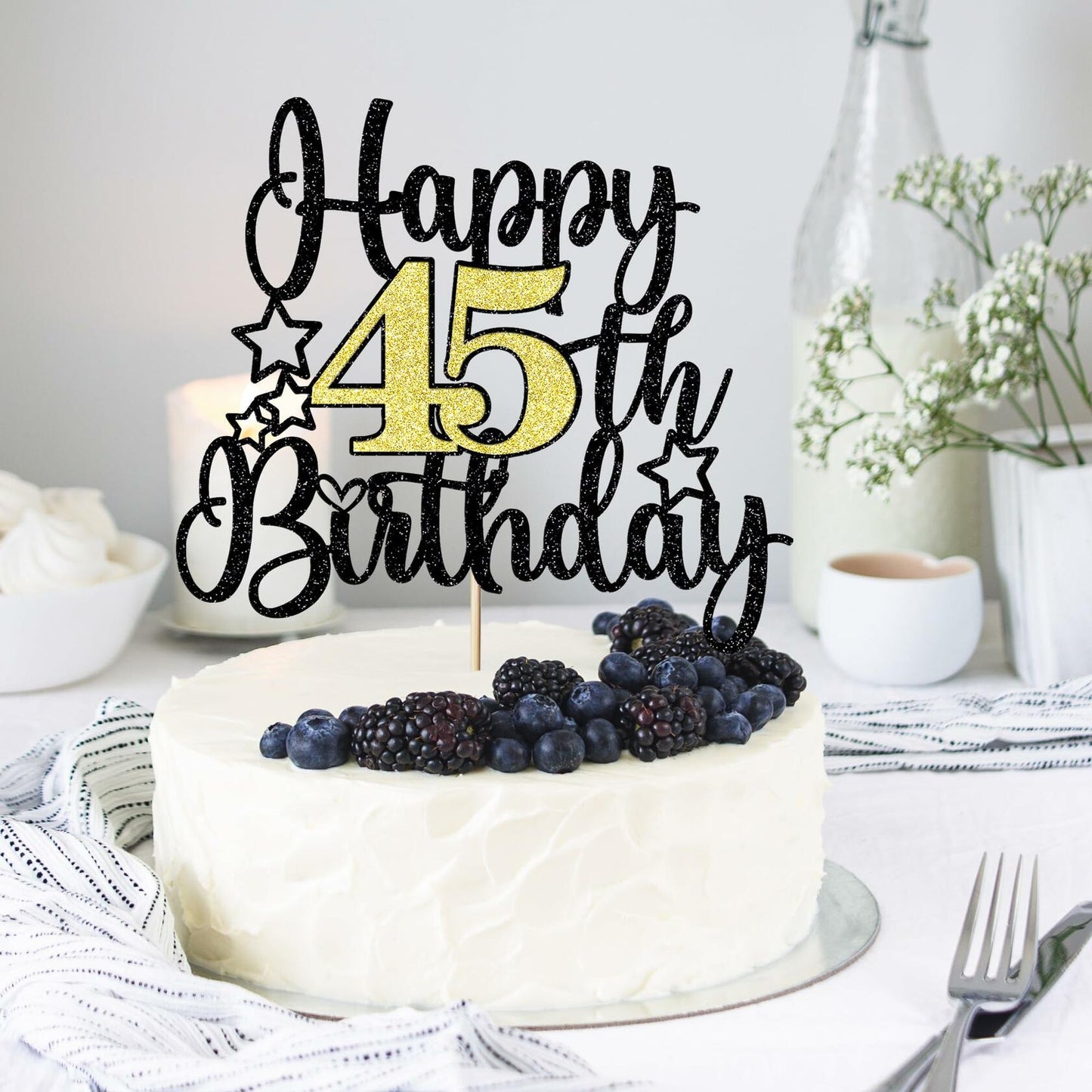 Happy 45th Birthday Cake Topper Black Gold Glitter Cheers to 45 Years