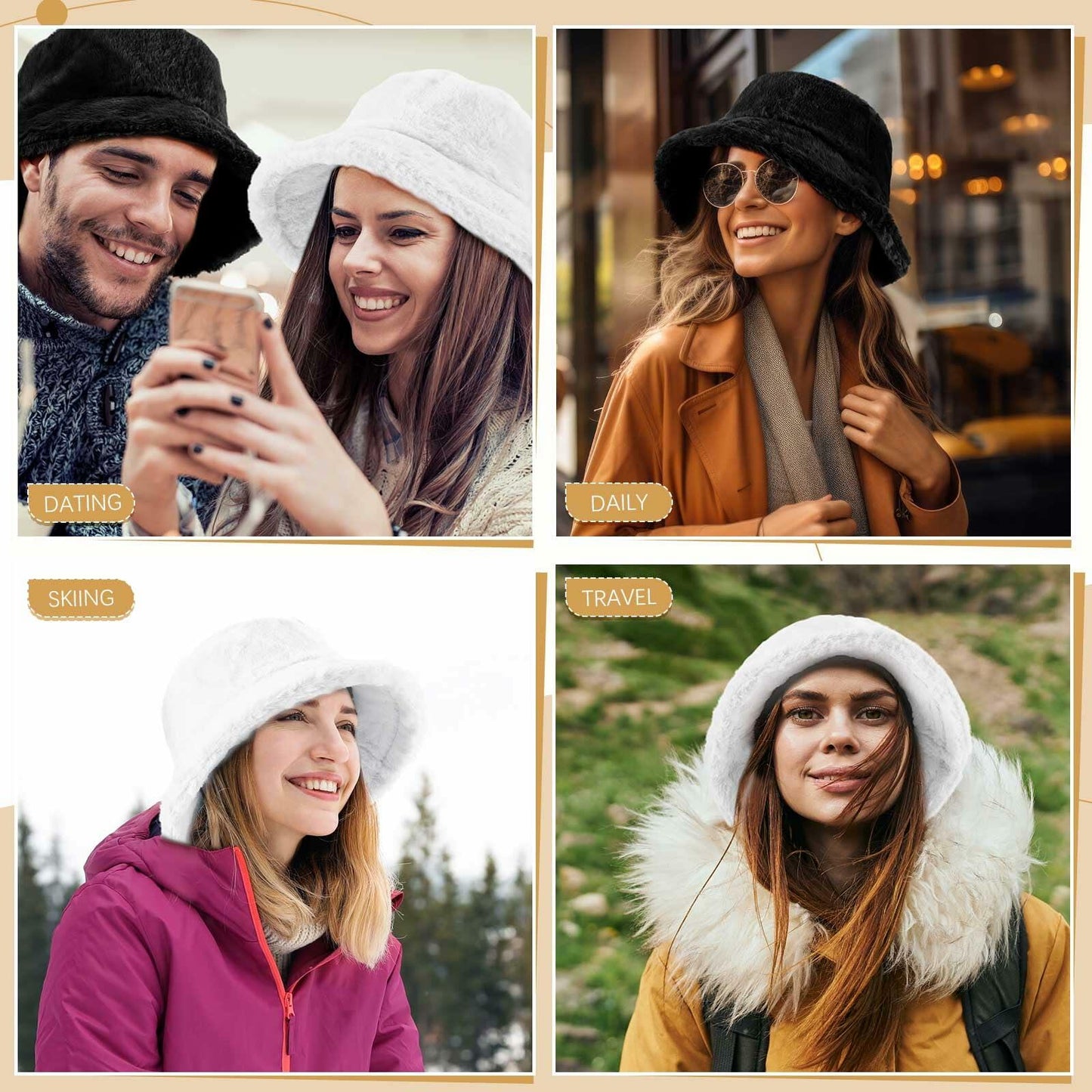 Cozypower 2 Pcs XXL Winter Faux Fur Bucket Hat Unisex Black White