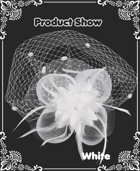 Kidukso Fascinators Hat Vintage 1925s Derby Mesh Veil Feathers White