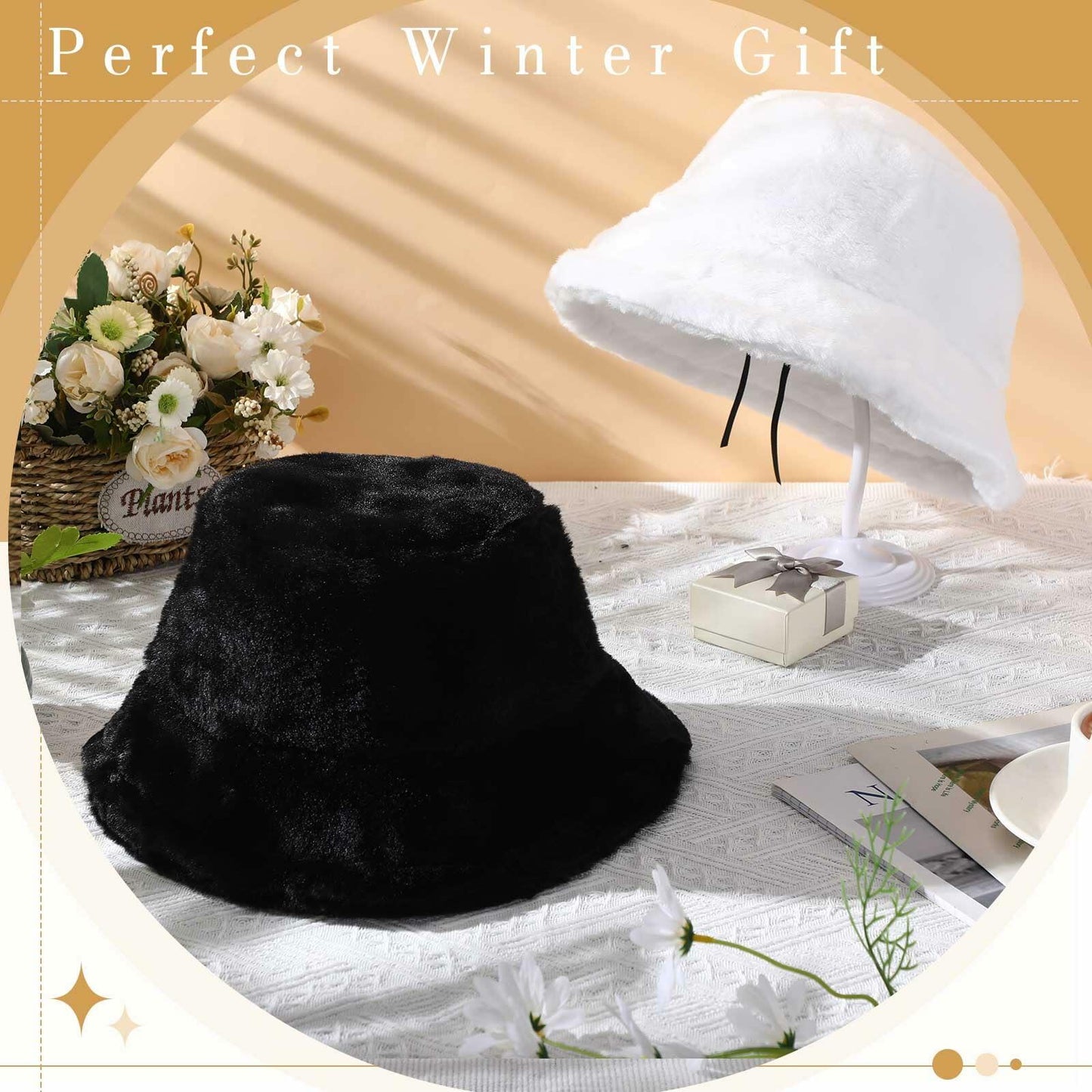 Cozypower 2 Pcs XXL Winter Faux Fur Bucket Hat Unisex Black White