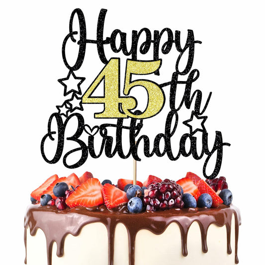Happy 45th Birthday Cake Topper Black Gold Glitter Cheers to 45 Years