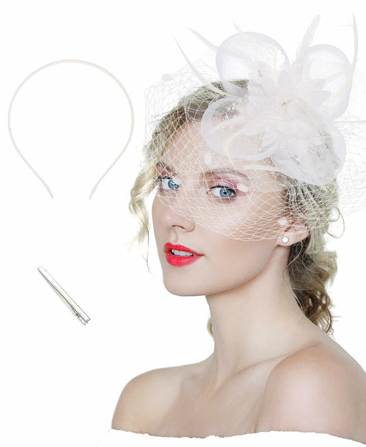 Kidukso Fascinators Hat Vintage 1925s Derby Mesh Veil Feathers White