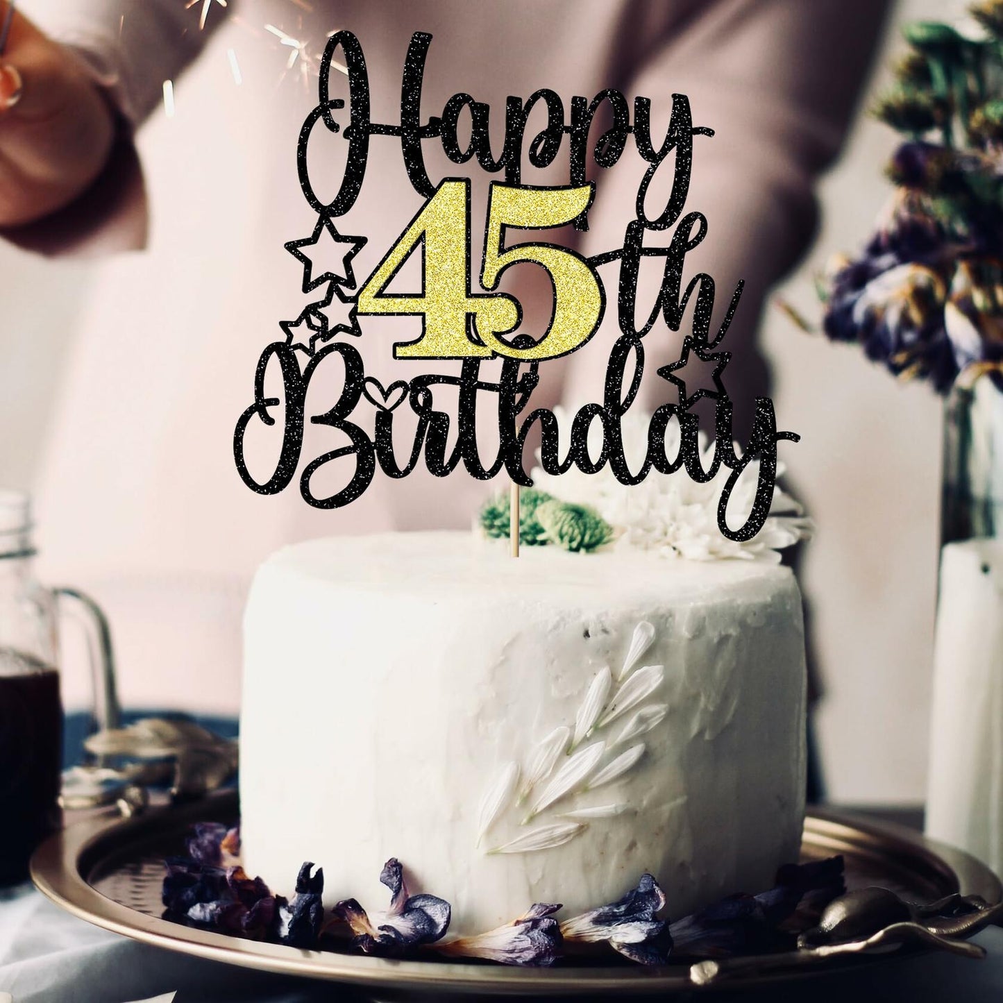 Happy 45th Birthday Cake Topper Black Gold Glitter Cheers to 45 Years