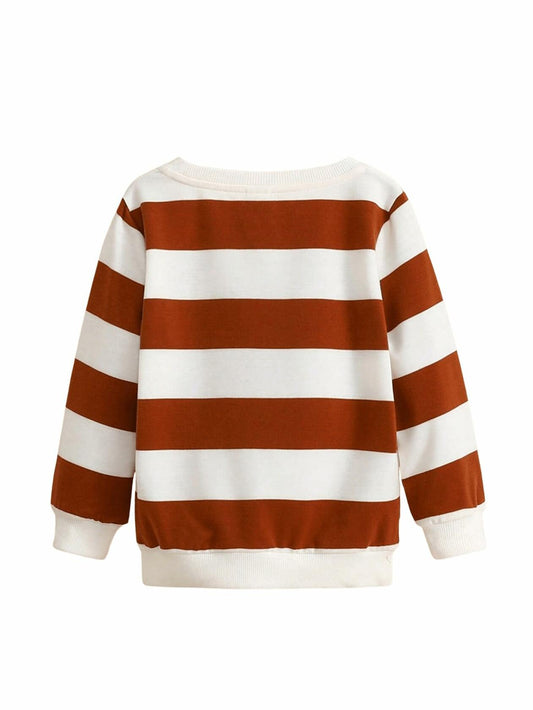 Verdusa Boy's Stripe Print Letter Patchwork Pullover Sweatshirt Brown Size 7Y