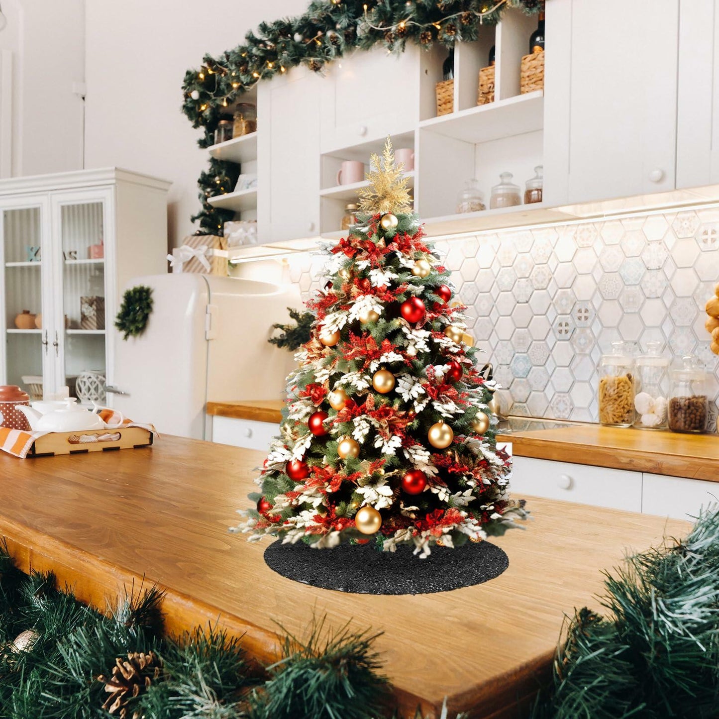 2 Pcs Black Sequin Tree Skirt 15 Inch Glitter Shiny Christmas Decoration