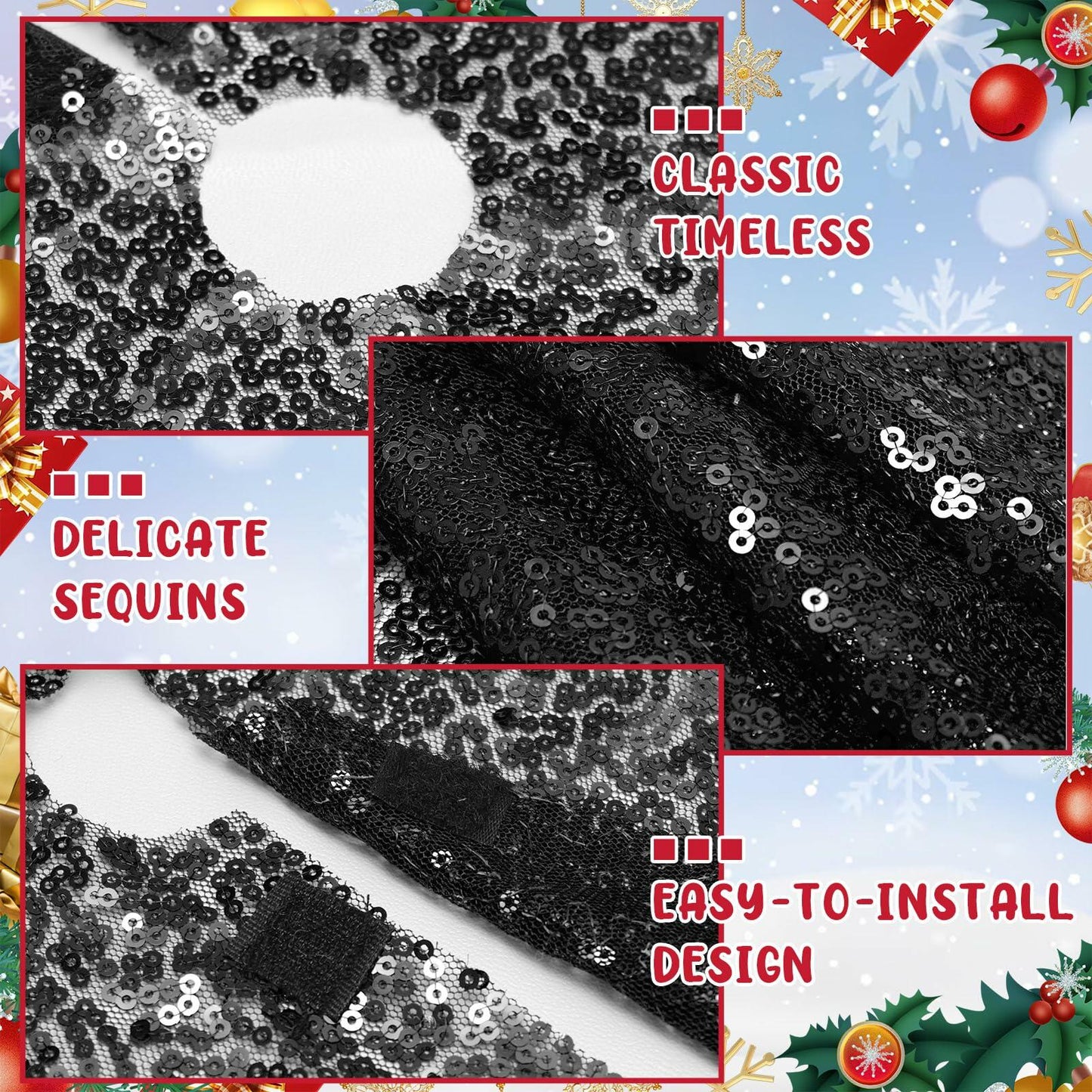2 Pcs Black Sequin Tree Skirt 15 Inch Glitter Shiny Christmas Decoration
