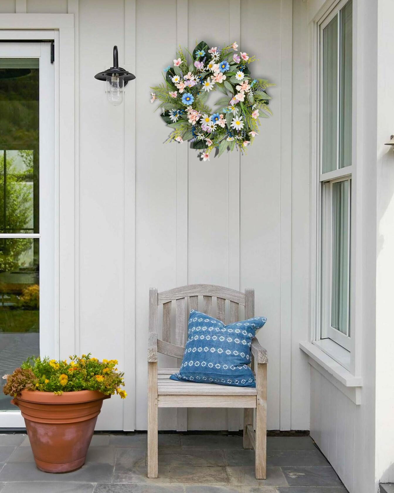 20 Inch Front Door Wreath Faux Flower Greenery Hanging Ribbon Seasonal Decor