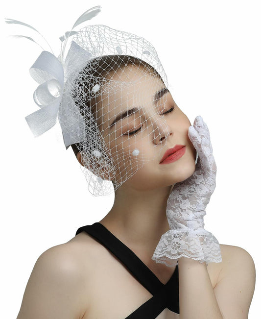 Kidukso Fascinators Hat Vintage 1930s Derby Mesh Veil Feathers White