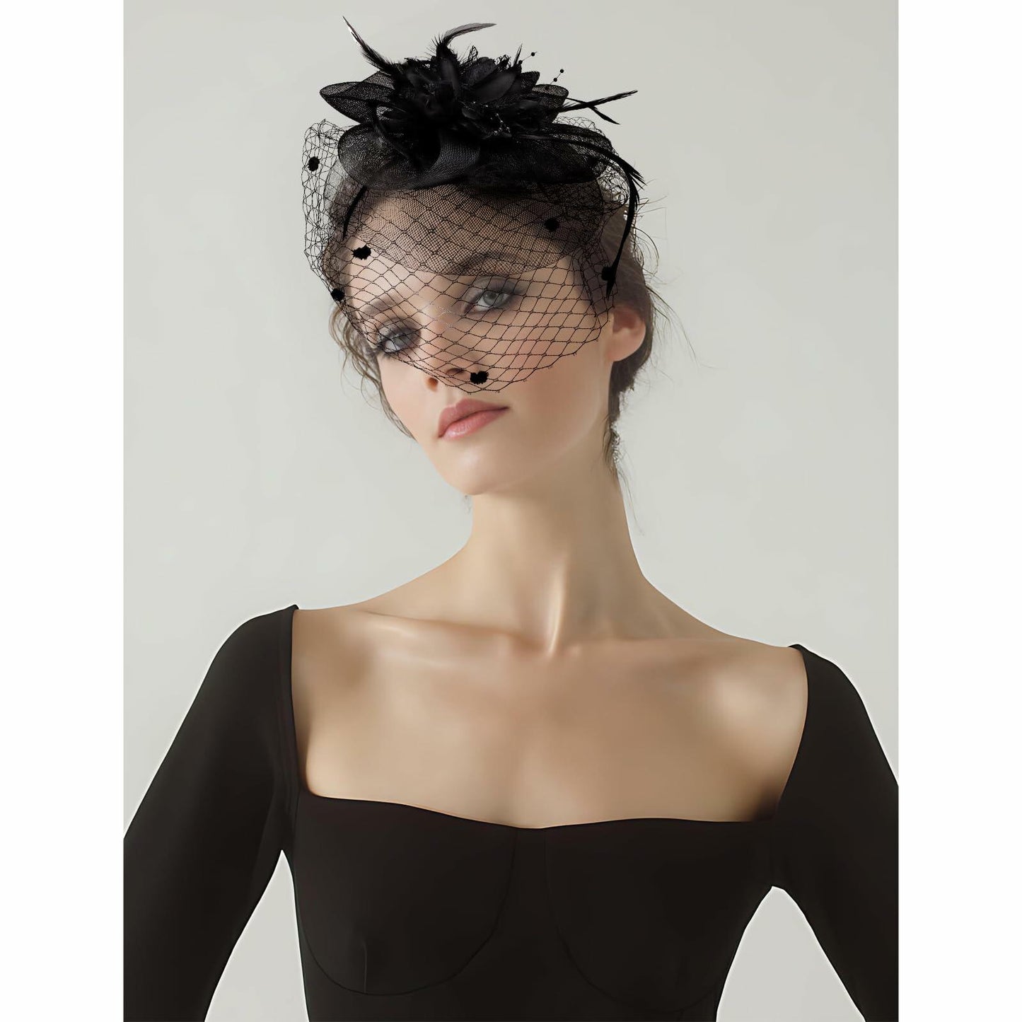 Hotalisona Women's Feather Tulle Fascinator Hat Black Tea Party Headband Clip