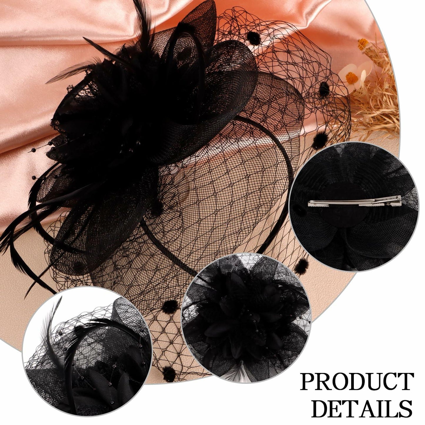 Hotalisona Women's Feather Tulle Fascinator Hat Black Tea Party Headband Clip