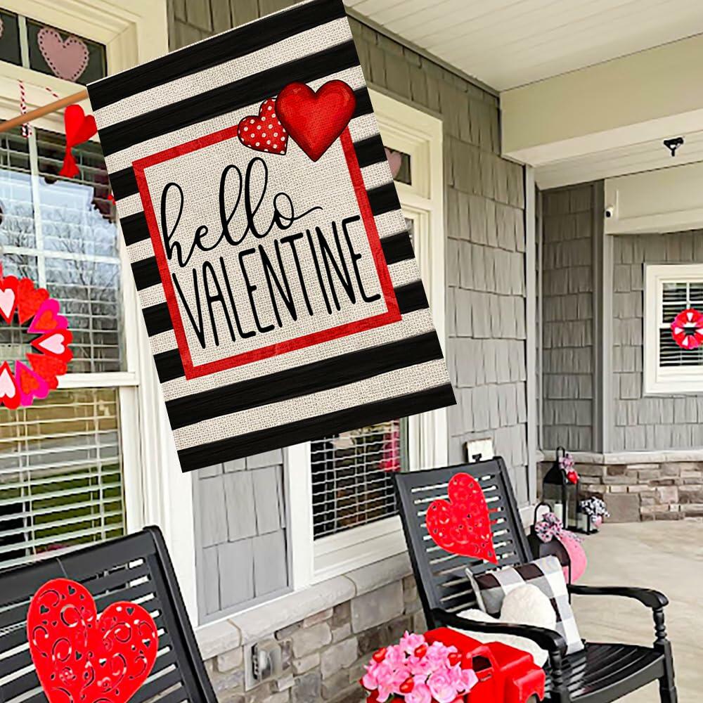 Hello Valentine Watercolor Stripes House Flag Love Heart 28x40 Inch Burlap