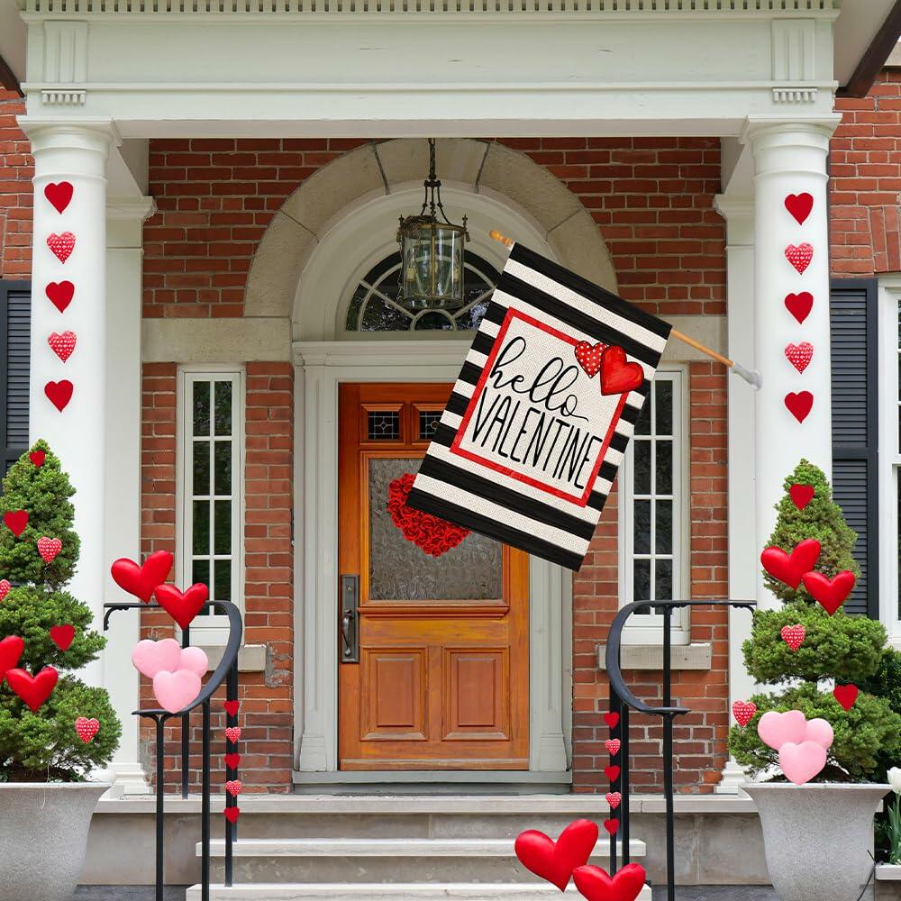 Hello Valentine Watercolor Stripes House Flag Love Heart 28x40 Inch Burlap