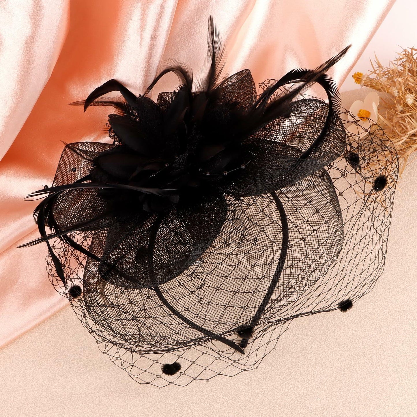 Hotalisona Women's Feather Tulle Fascinator Hat Black Tea Party Headband Clip