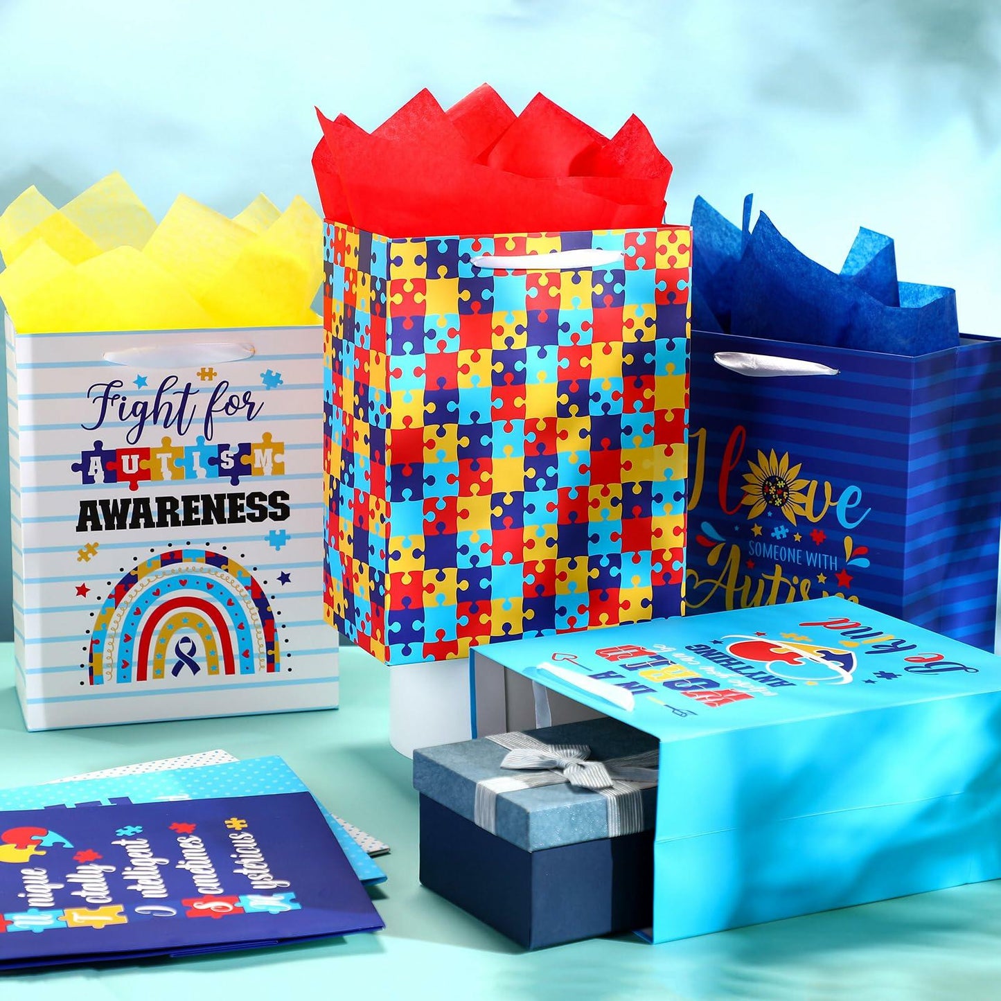 Skybooly 14 Set Autism Awareness Gift Bags 13" Colorful Puzzle Pieces