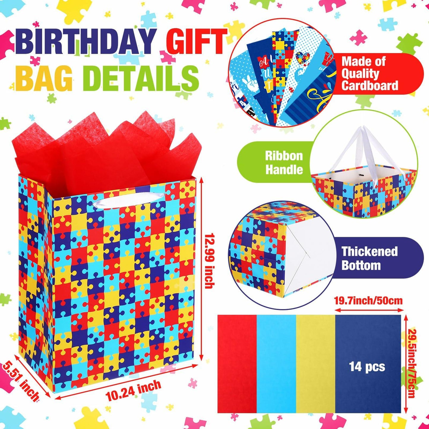 Skybooly 14 Set Autism Awareness Gift Bags 13" Colorful Puzzle Pieces