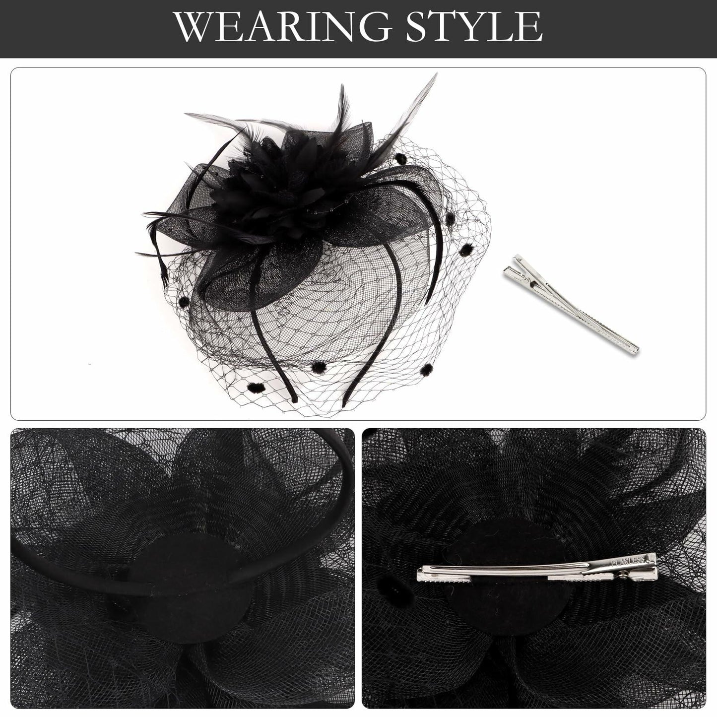 Hotalisona Women's Feather Tulle Fascinator Hat Black Tea Party Headband Clip