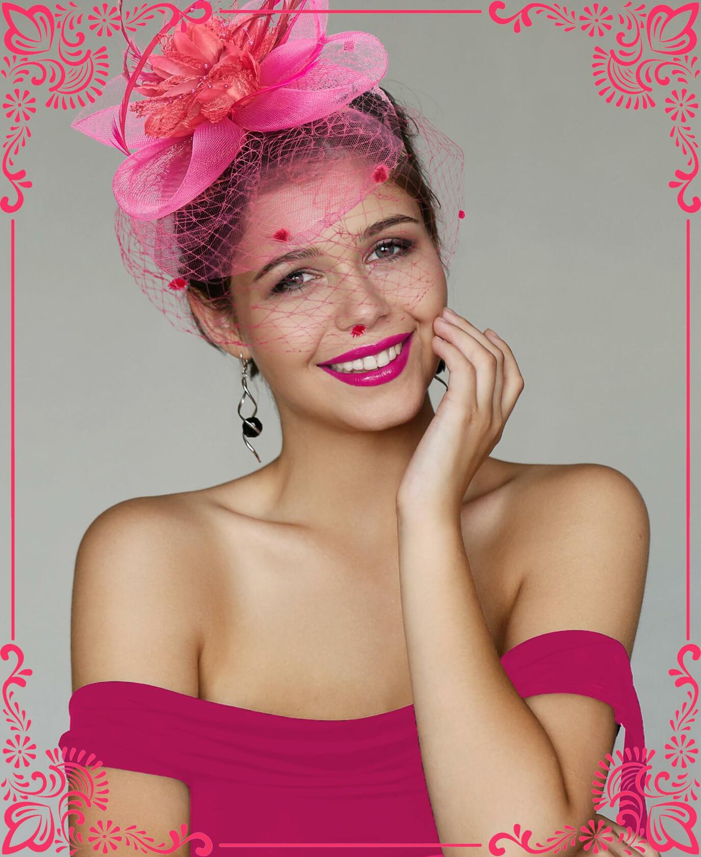 Kidukso Fascinators Hat Vintage 1923s Derby Mesh Veil Feathers Rose Red