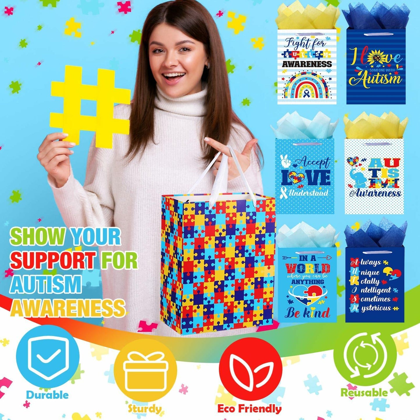 Skybooly 14 Set Autism Awareness Gift Bags 13" Colorful Puzzle Pieces