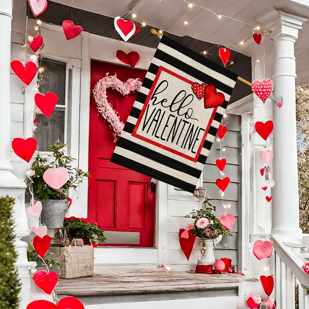 Hello Valentine Watercolor Stripes House Flag Love Heart 28x40 Inch Burlap