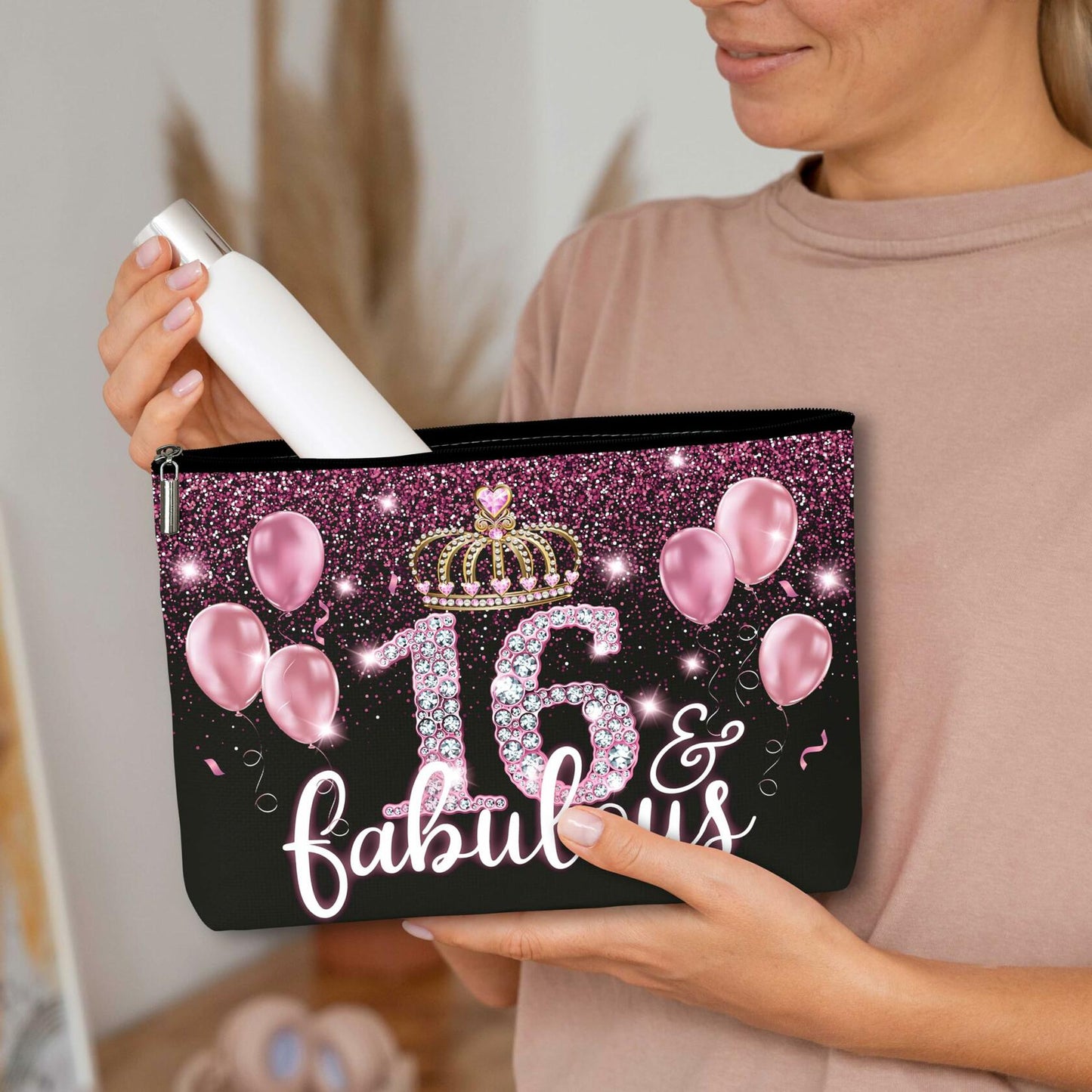 AWSICE Makeup Bag Black Pink 16 Fabulous Birthday Gift for Girls