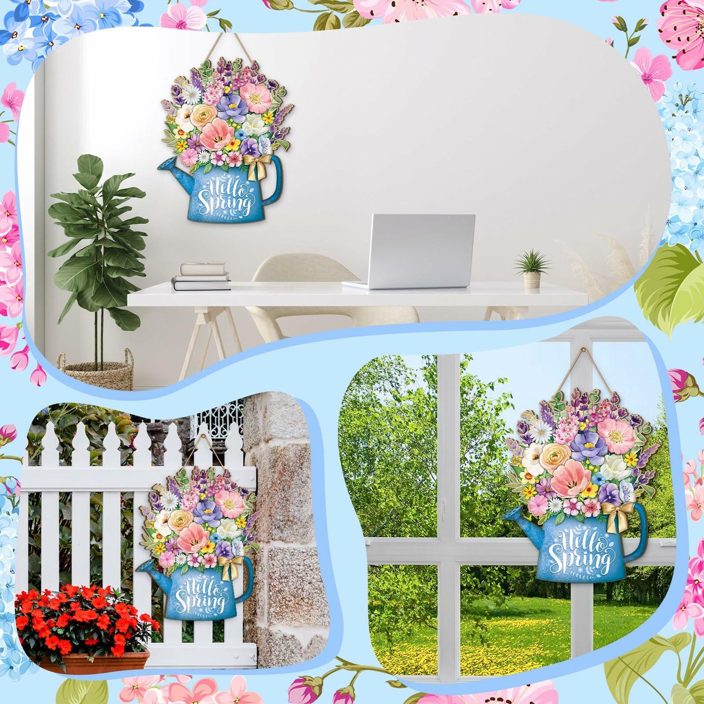 Spring Door Decor Wreath 12.4x10in Hello Spring Wooden Porch Sign