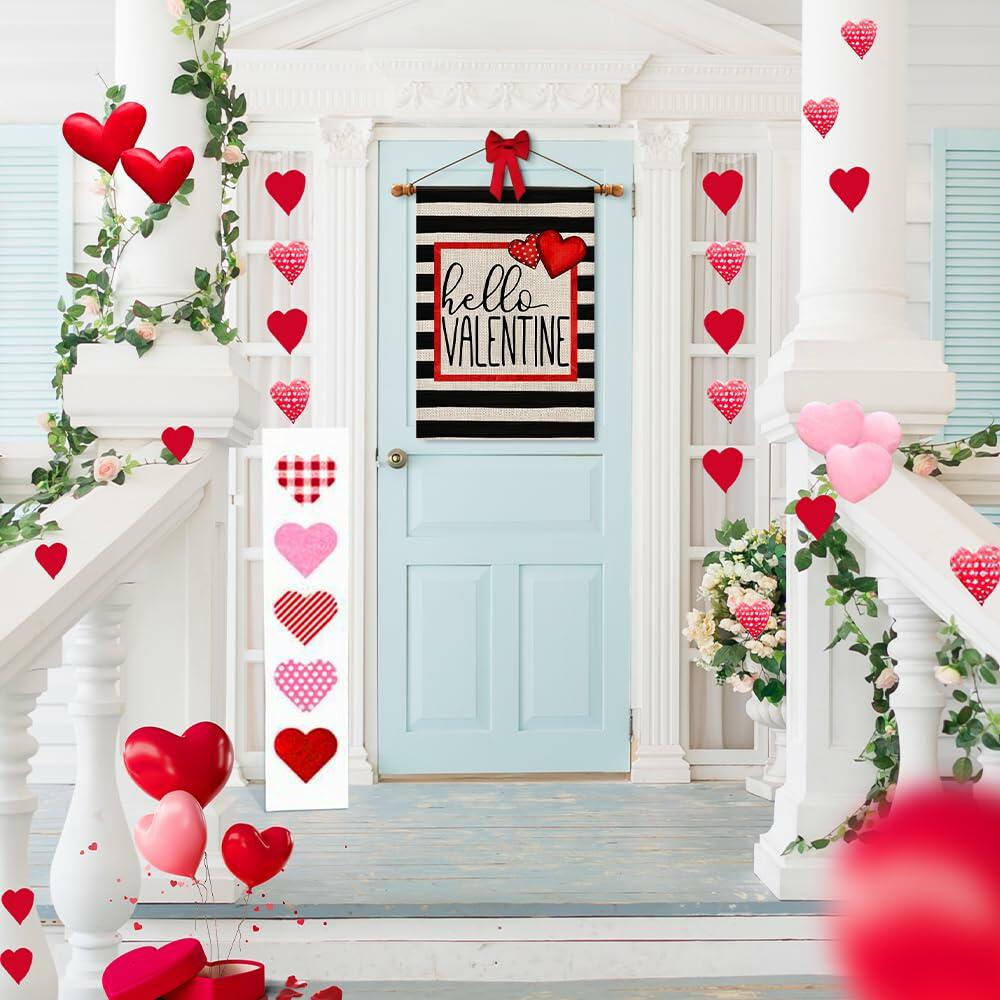 Hello Valentine Watercolor Stripes House Flag Love Heart 28x40 Inch Burlap
