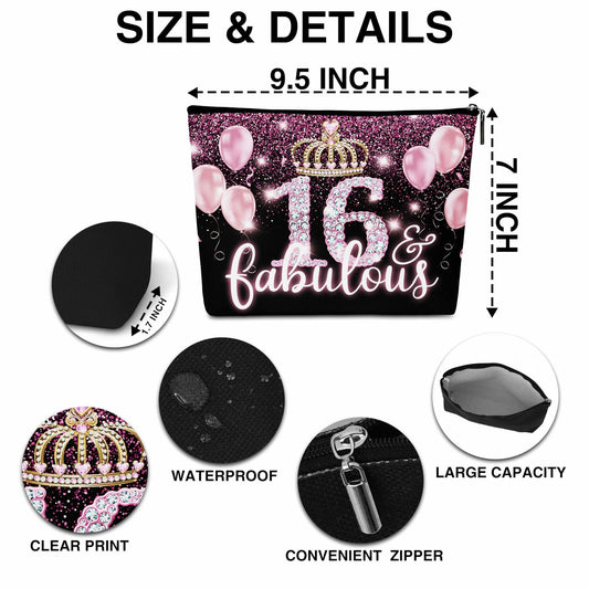 AWSICE Makeup Bag Black Pink 16 Fabulous Birthday Gift for Girls