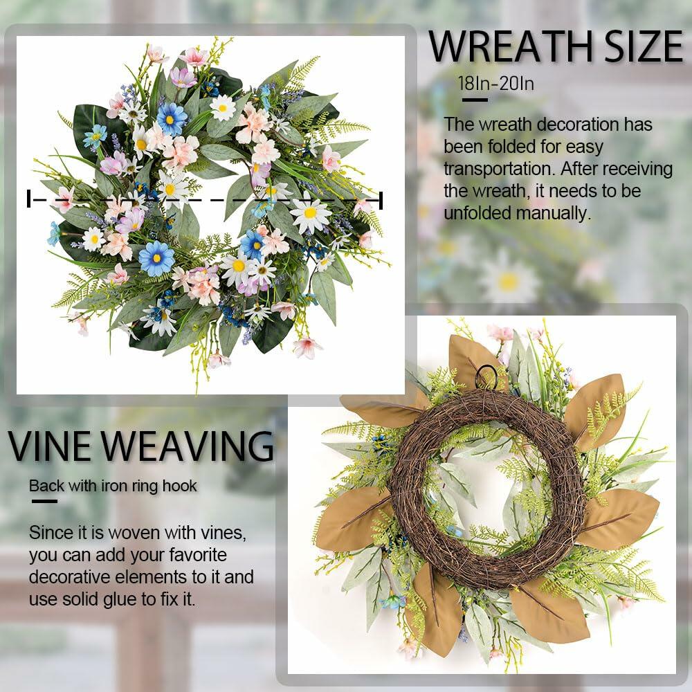 20 Inch Front Door Wreath Faux Flower Greenery Hanging Ribbon Seasonal Decor