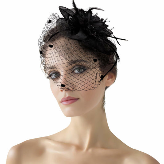 Hotalisona Women's Feather Tulle Fascinator Hat Black Tea Party Headband Clip