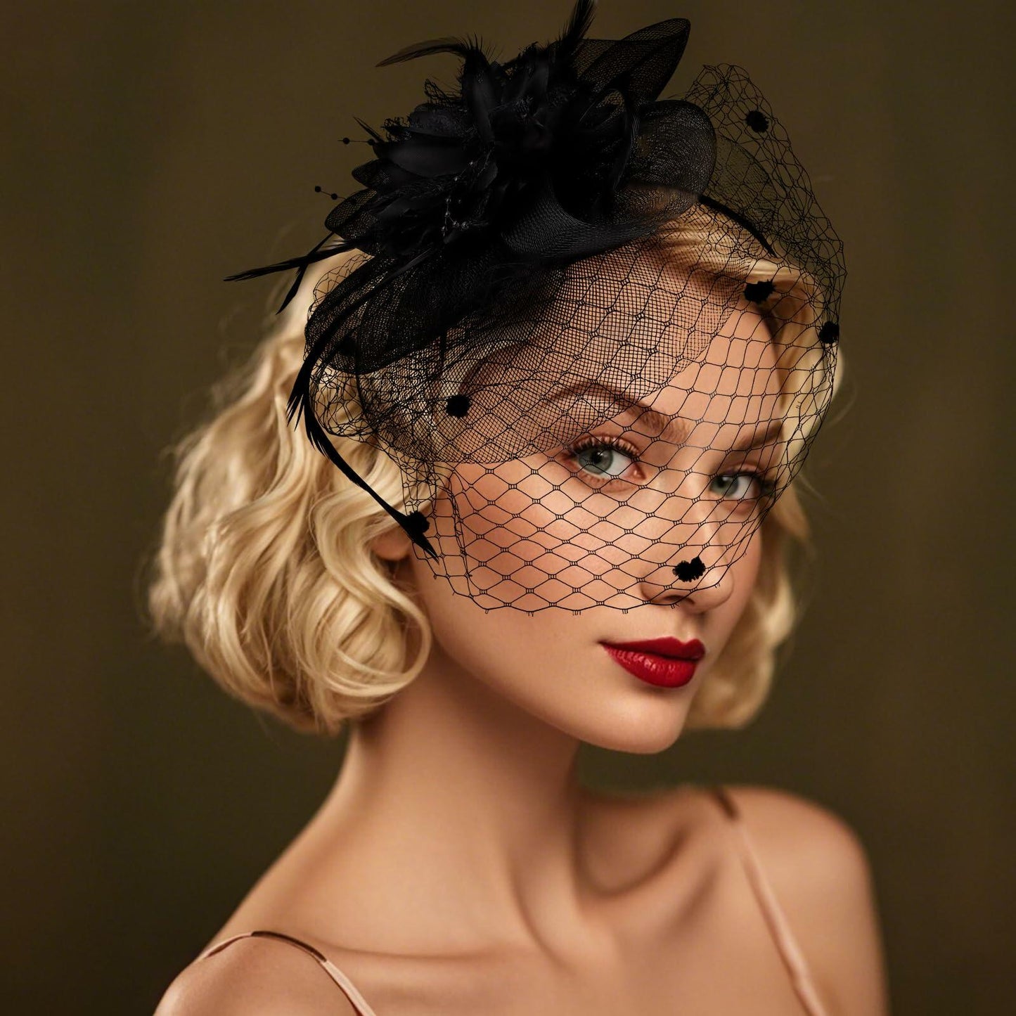 Hotalisona Women's Feather Tulle Fascinator Hat Black Tea Party Headband Clip