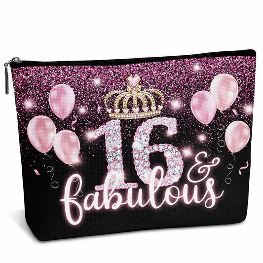 AWSICE Makeup Bag Black Pink 16 Fabulous Birthday Gift for Girls