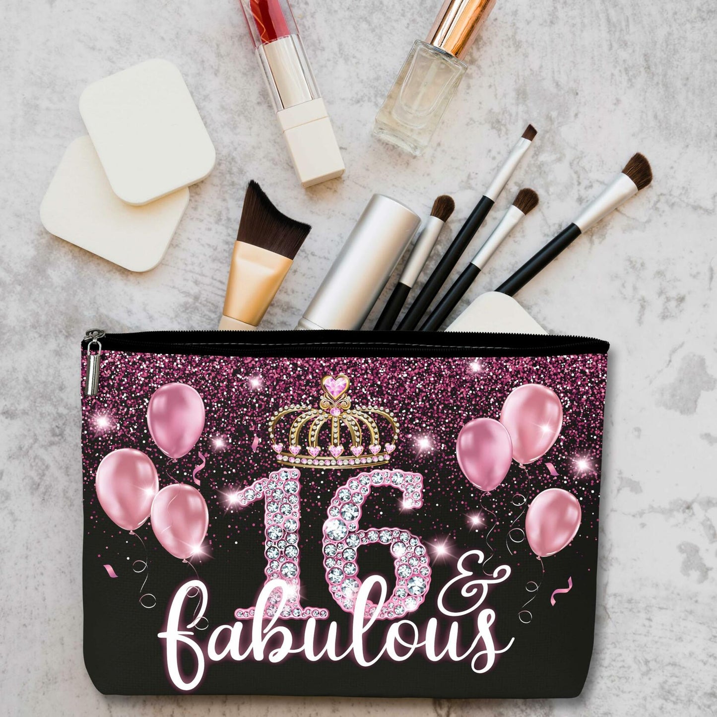 AWSICE Makeup Bag Black Pink 16 Fabulous Birthday Gift for Girls