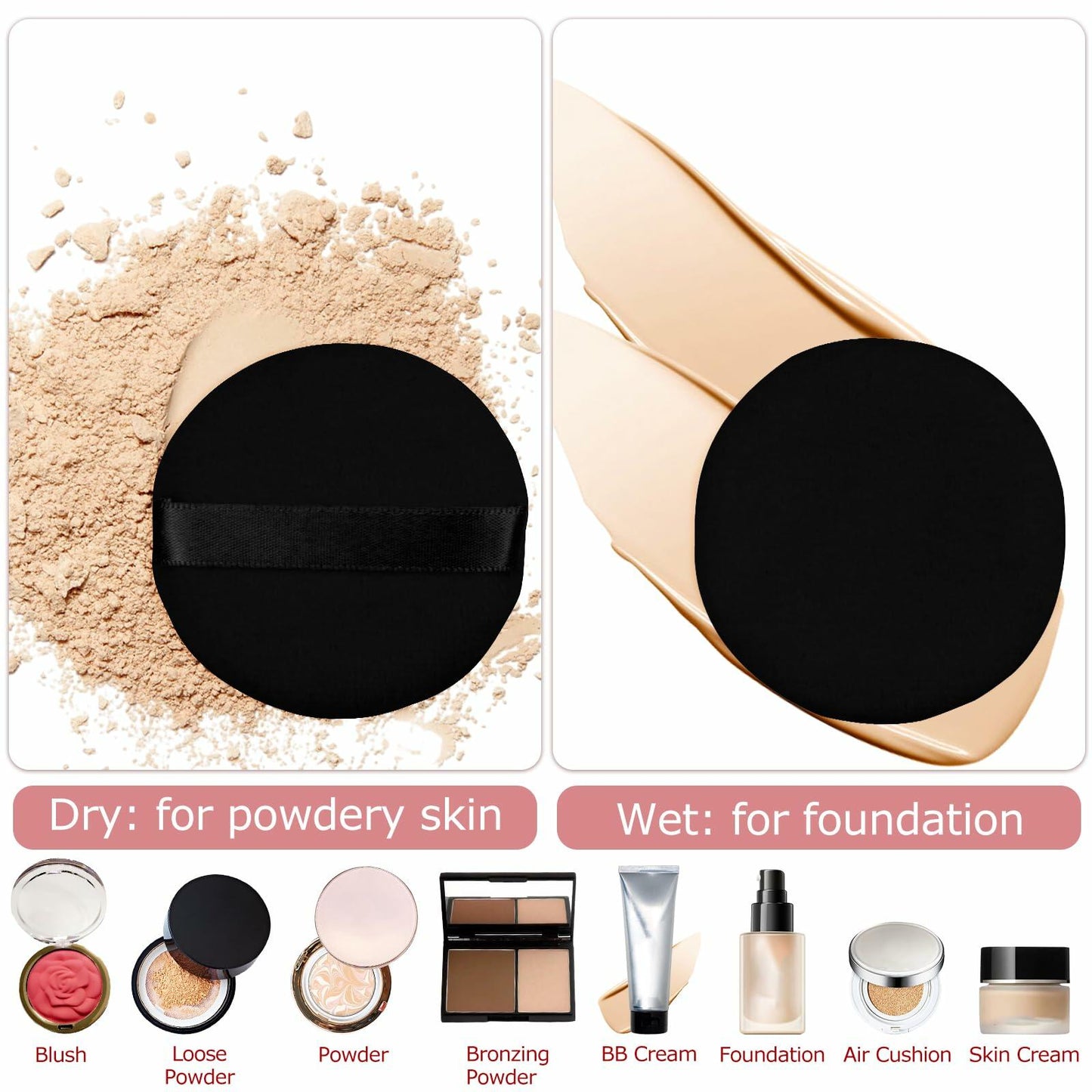 Flytianmy 9Pcs 2.16" Round Face Makeup Powder Puffs Black Nude Pink