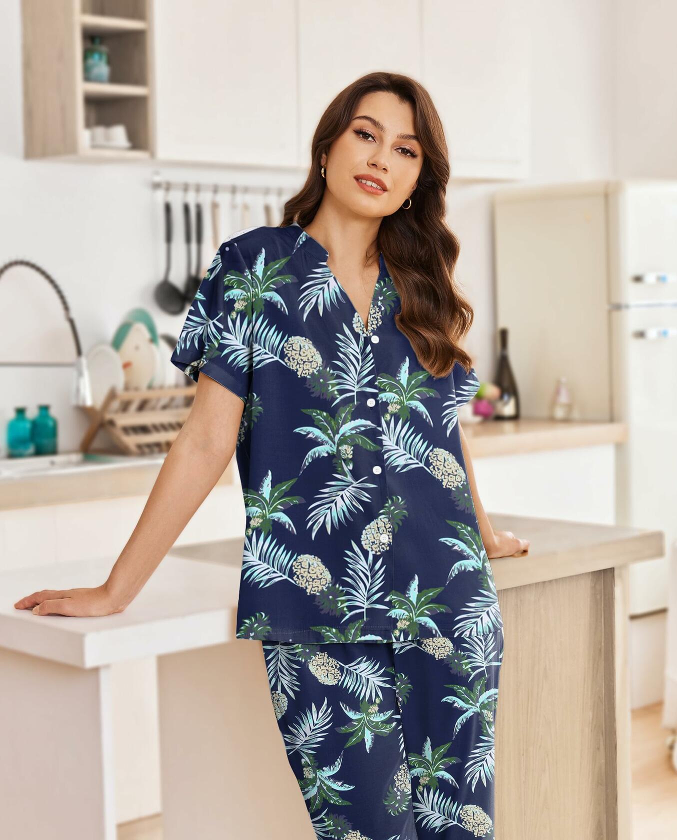 Ekouaer Women Pajamas Set Button Down Short Sleeve Navy Size Small