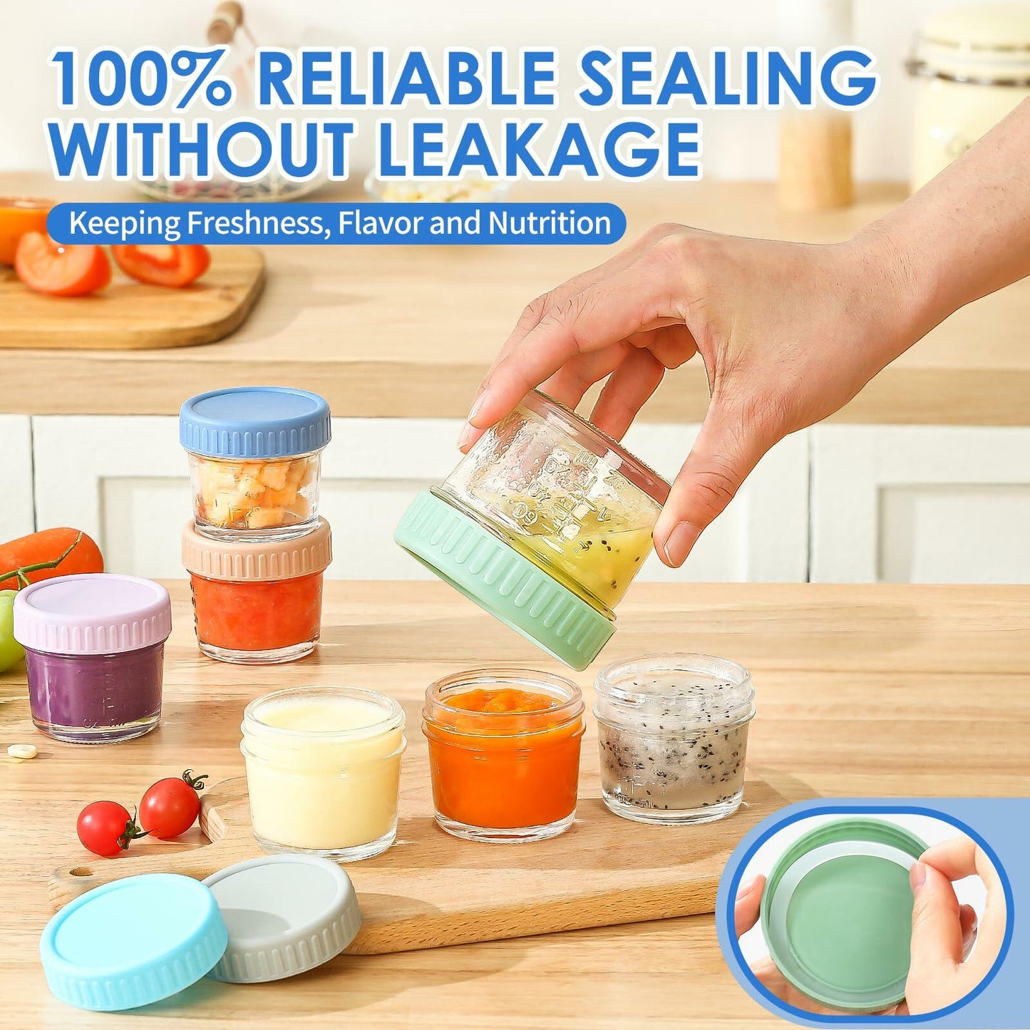 DRKIO 6 Pack Glass Baby Food Storage Containers 4oz BPA Free Leak Proof
