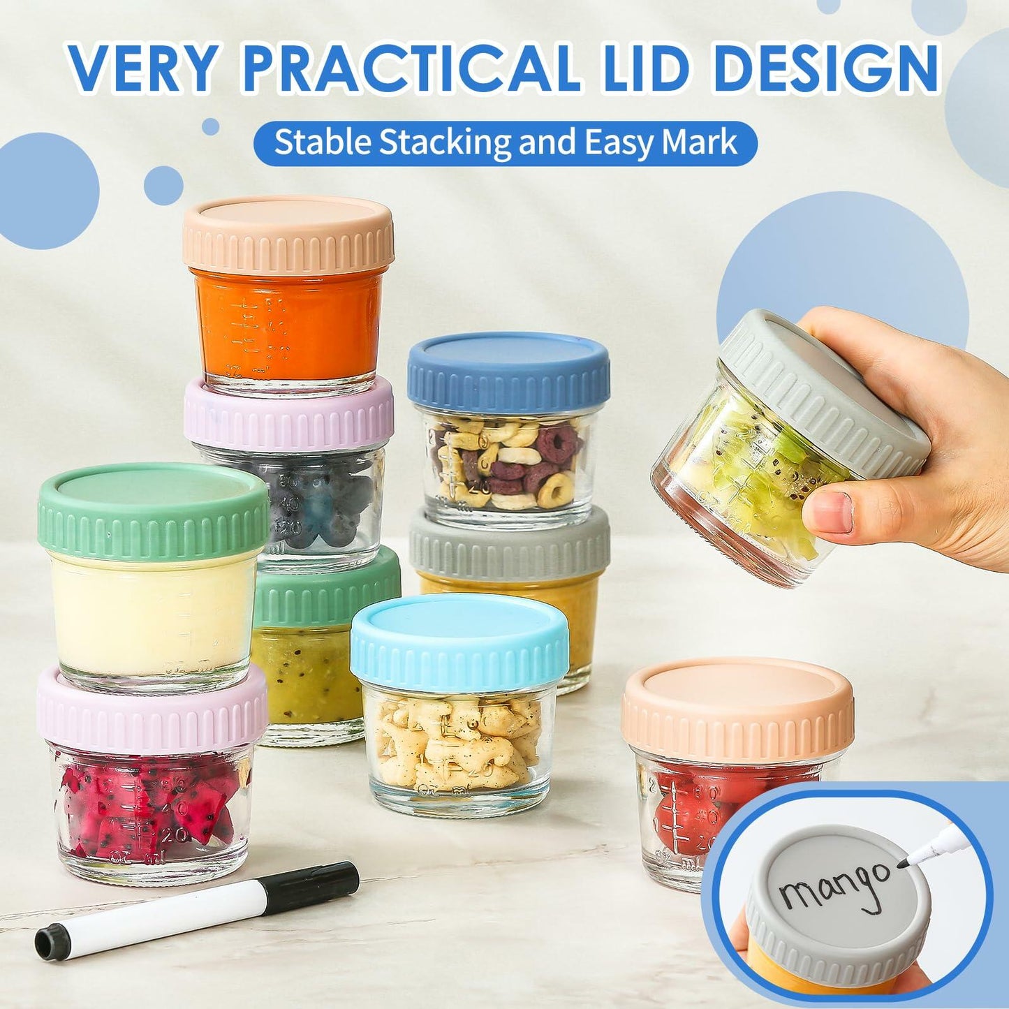 DRKIO 6 Pack Glass Baby Food Storage Containers 4oz BPA Free Leak Proof