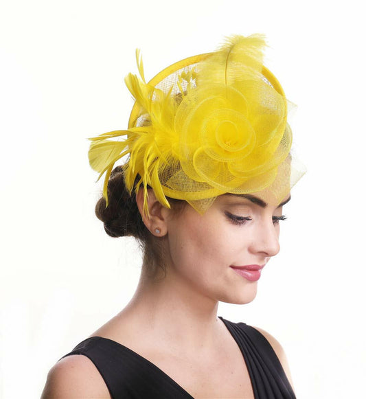SAFERIN Fascinator Hair Clip Bowler Feather Flower Veil Wedding Hat Yellow