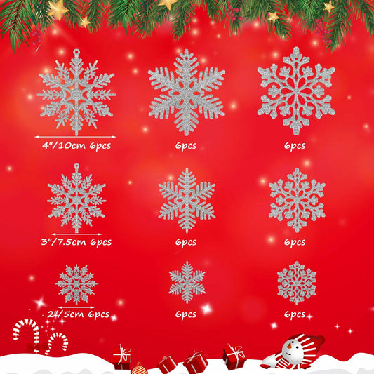 54pcs Silver Snowflake Christmas Tree Ornaments Glitter Indoor Decor
