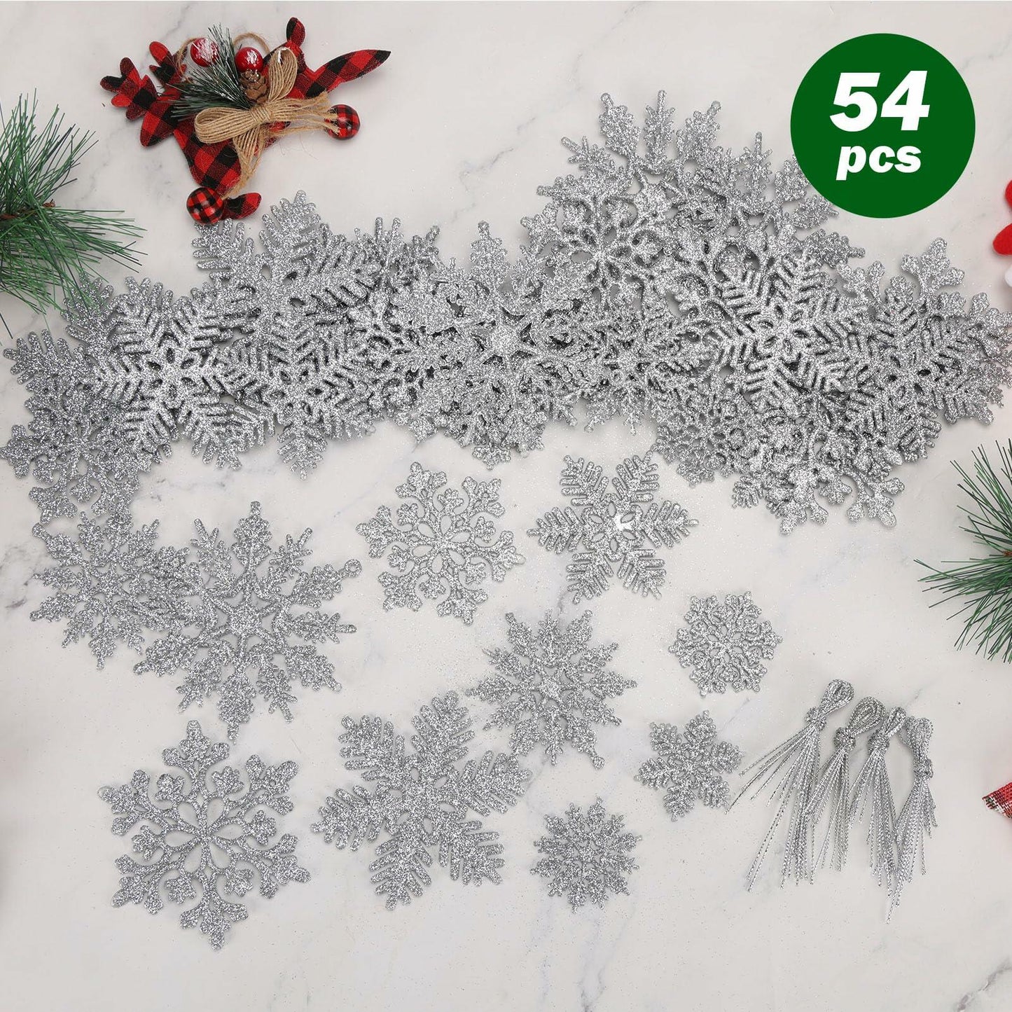 54pcs Silver Snowflake Christmas Tree Ornaments Glitter Indoor Decor