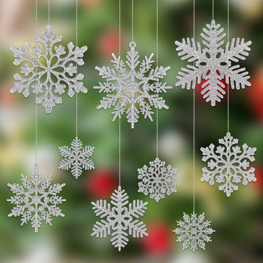 54pcs Silver Snowflake Christmas Tree Ornaments Glitter Indoor Decor