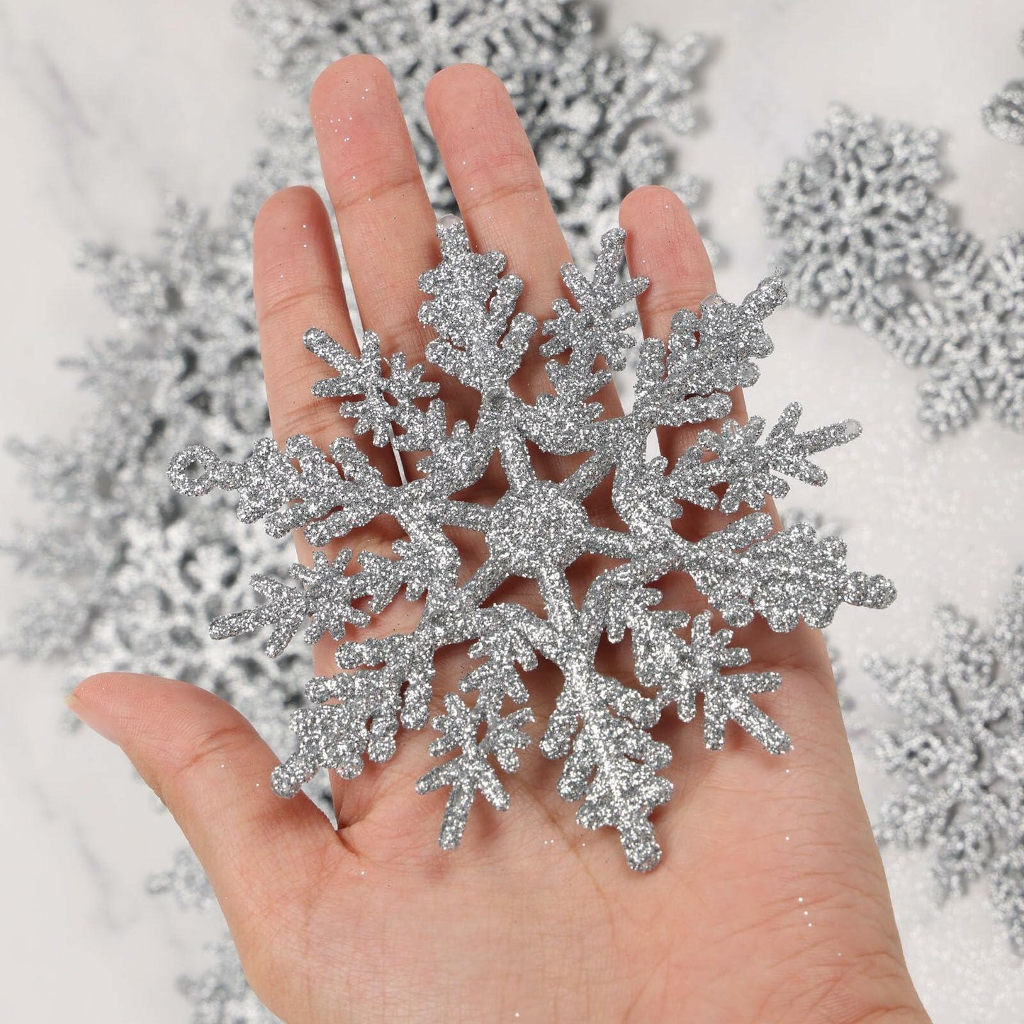 54pcs Silver Snowflake Christmas Tree Ornaments Glitter Indoor Decor