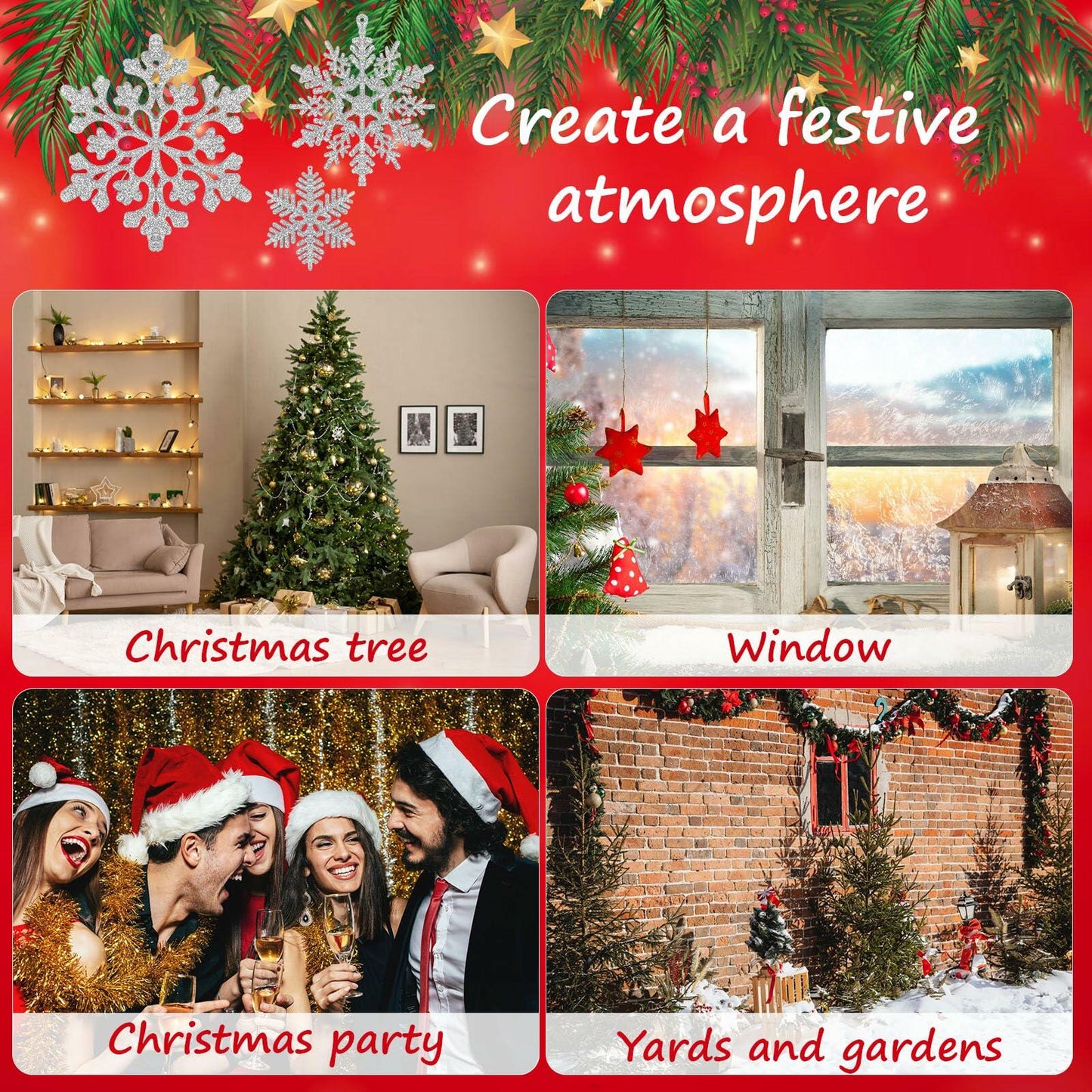 54pcs Silver Snowflake Christmas Tree Ornaments Glitter Indoor Decor