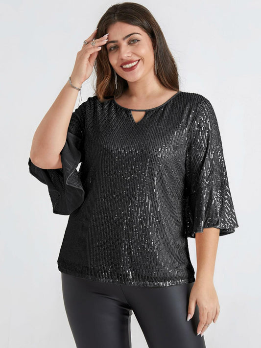 Hanna Nikole Women's Sequin Party Blouse Crew Neck 3/4 Sleeve Black Size 24Plus
