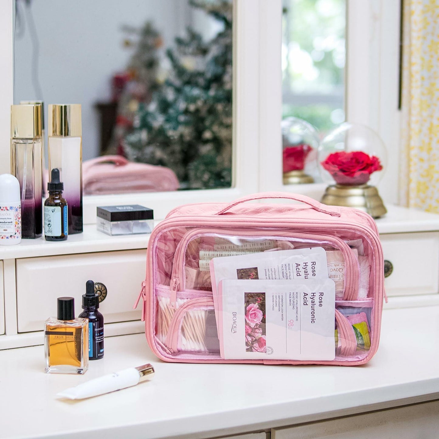 FUNSEED Clear Travel Toiletry Bag Large Organizer Pink Multiple Compartments