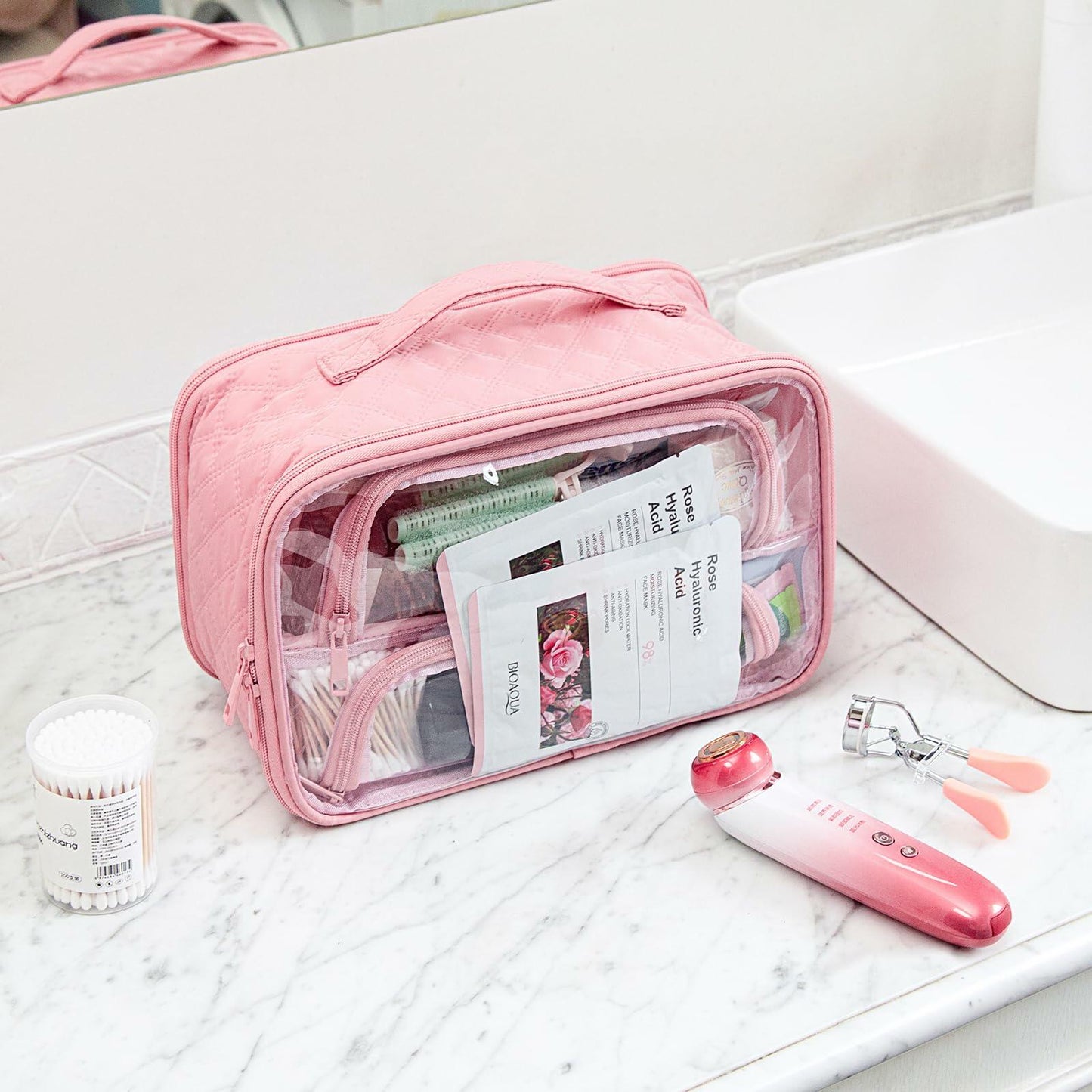 FUNSEED Clear Travel Toiletry Bag Large Organizer Pink Multiple Compartments