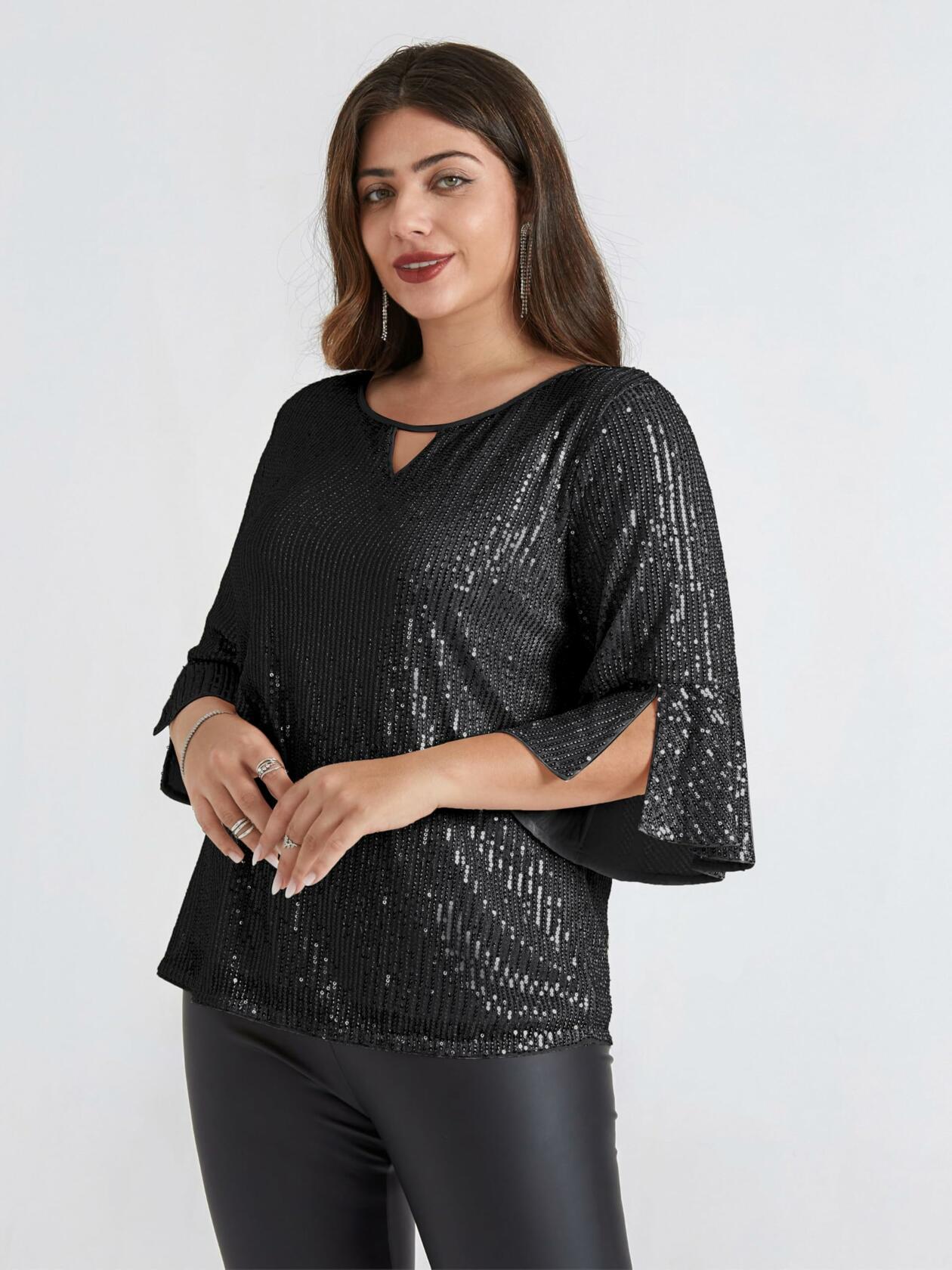 Hanna Nikole Women's Sequin Party Blouse Crew Neck 3/4 Sleeve Black Size 24Plus