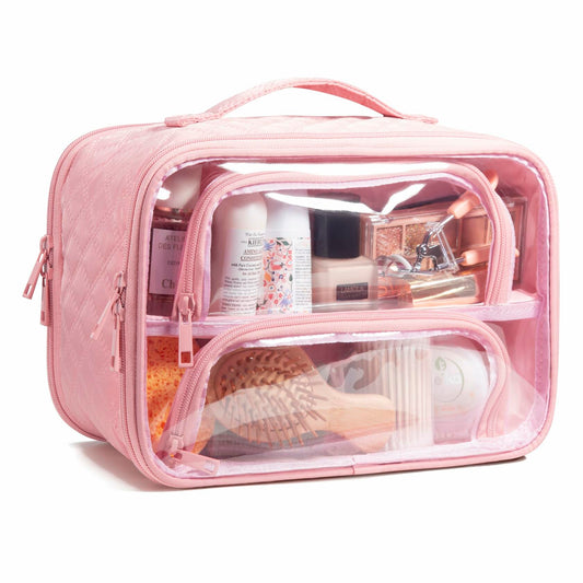 FUNSEED Clear Travel Toiletry Bag Large Organizer Pink Multiple Compartments